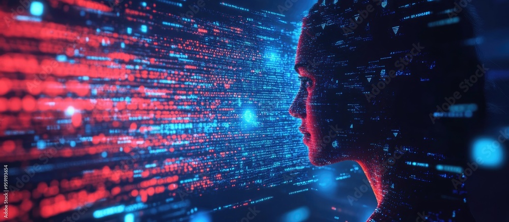 Poster the concept of substituting human roles with ai technology that efficiently analyzes data featuring 
