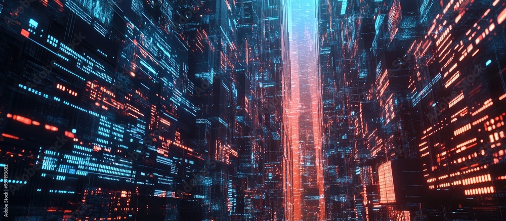 Aufkleber double exposure of an abstract programming language interface layered over skyscrapers symbolizing i