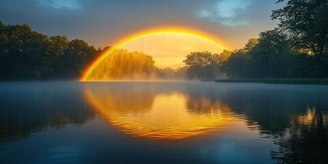 Fototapeta premium Rainbow Arcing Over a Misty Lake at Sunset
