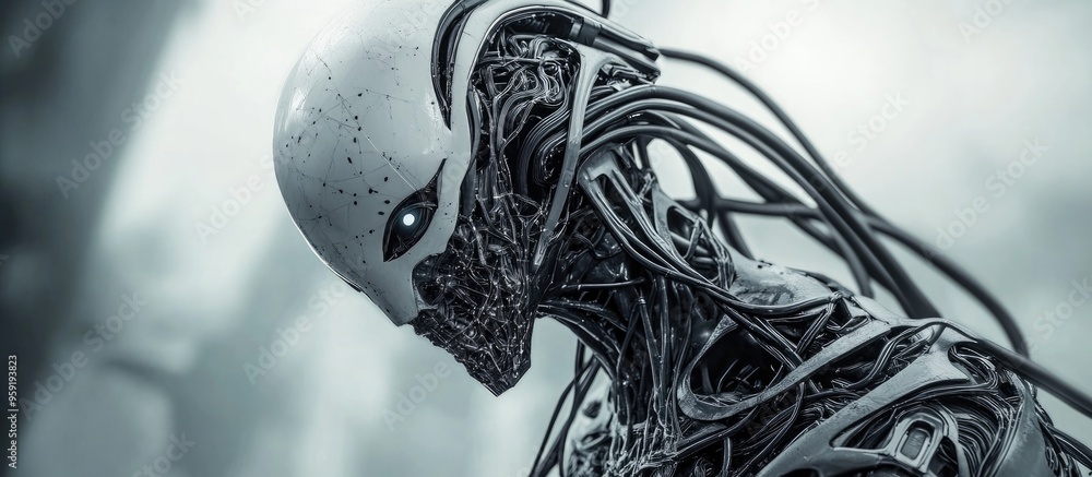 Poster menacing robotic entity with interconnected wires hostile metallic alien rendered in 3d