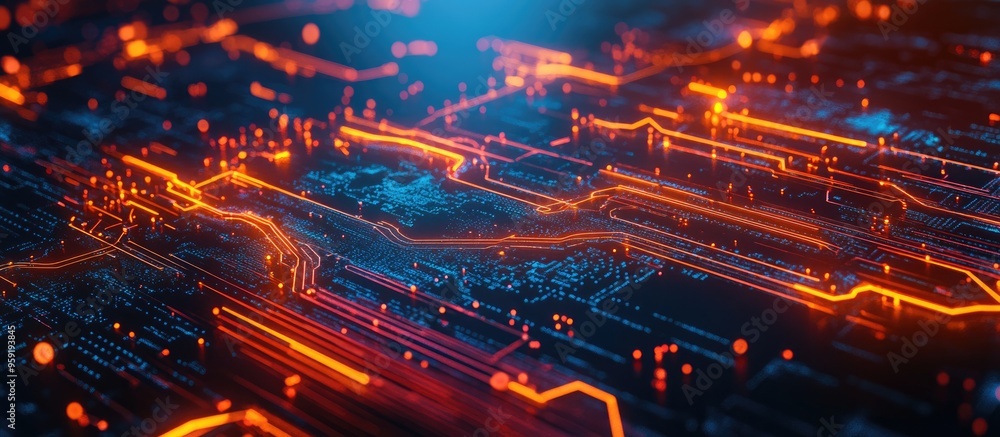 Poster vibrant neon laser light paths represent energy and digital data transfer in a cyber space backgroun