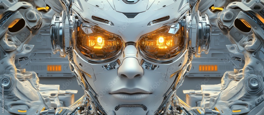 Poster front view of an advanced cyborg face design 3d rendering