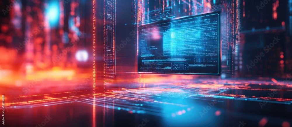 Poster double exposure featuring a computer and a holographic technology theme representing the concept of 