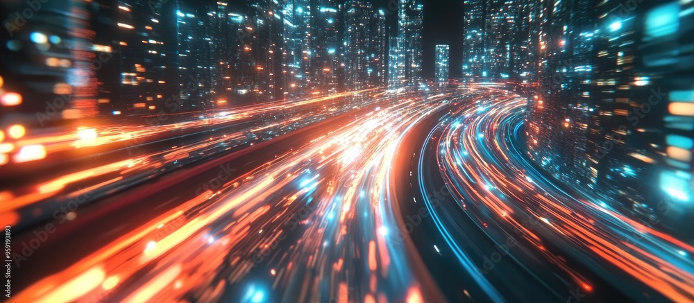 Poster 3d rendering of warp speed in a futuristic loop with blurred lights from urban structures at night c