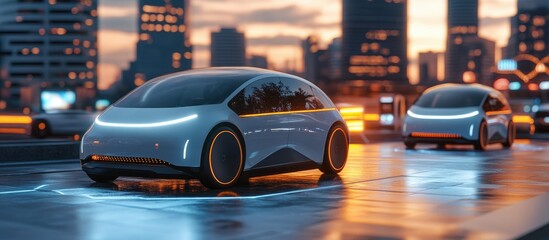 Fototapeta premium 3D Illustration of Electric Vehicles in a Sunset Urban Setting for an Autonomous Future