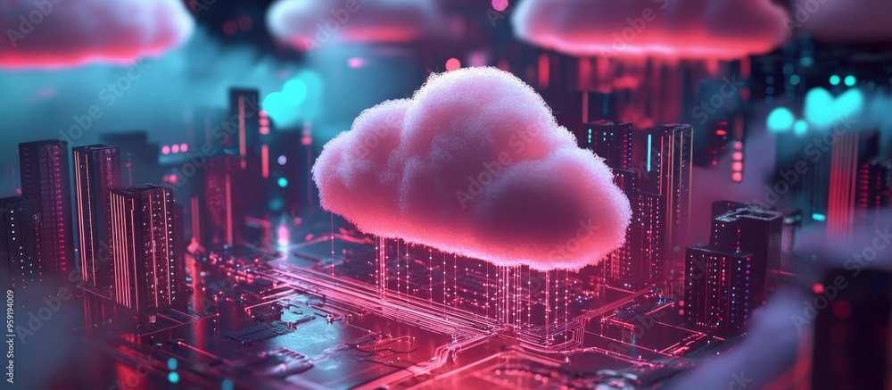 Poster 3d rendering illustrating cloud computing cloud storage and internet communication concepts