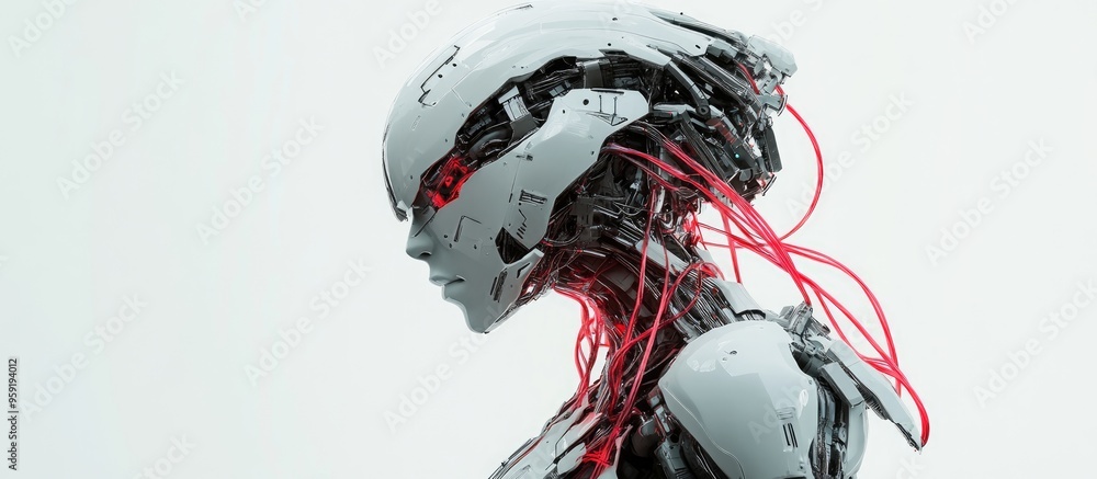 Poster 3d rendering of a humanoid robot with exposed wires set against a white background
