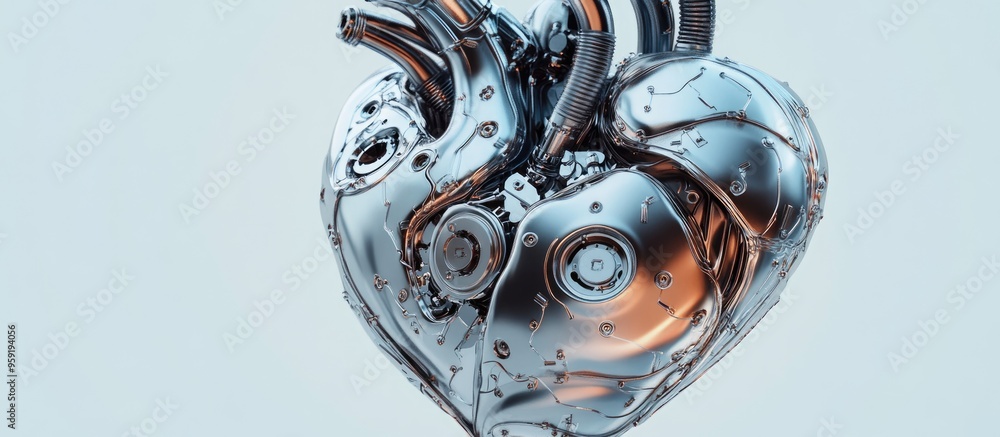 Poster 3d rendered image of a robotic heart made of metal with visible motor components