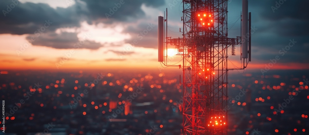 Poster telecommunication tower with 5g cellular network symbolizing global connectivity and internet access