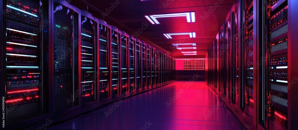 Poster supercomputer and rack mounted servers in a datacenter represent modern telecommunications and artif