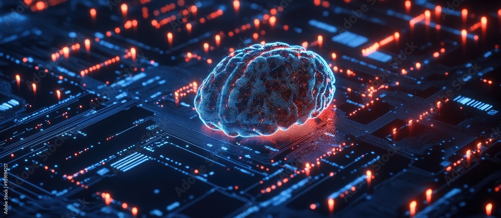 Poster digital data processing concept featuring a brain and circuit board on a dark background illustrates