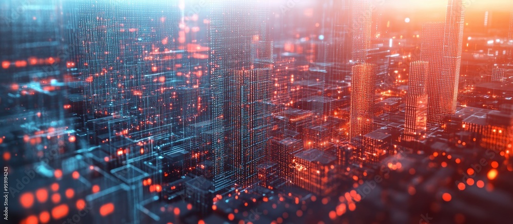 Poster futuristic digital landscape illustrating the concept of smart cities metaverse and advanced technol