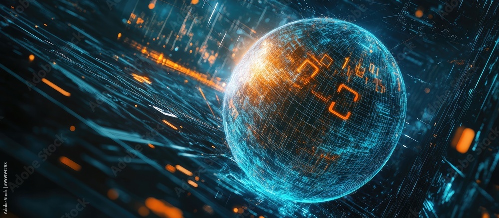 Poster artistic illustration of a digital cyberspace sphere featuring lines and numerical elements as the b