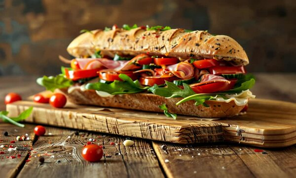 Freshly prepared sub sandwich with vegetables and deli meats on aged wooden backdrop