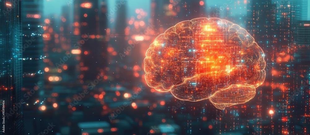 Poster double exposure of an innovative human brain microcircuit hologram set against a blurred urban backd