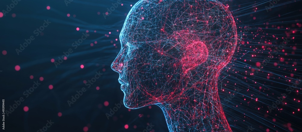Poster interconnection of human head outlines with technological and fractal designs exploring themes of ar