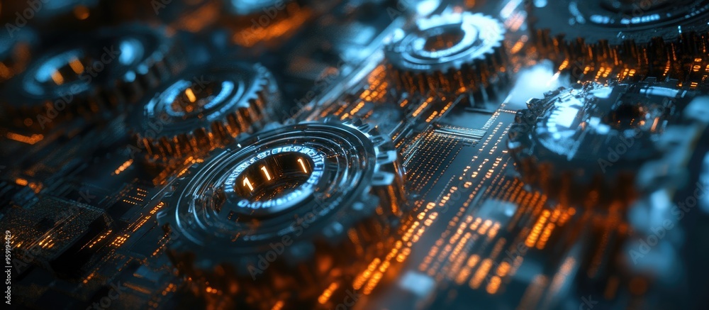 Poster abstract technology backdrop featuring binary code intertwined with gears