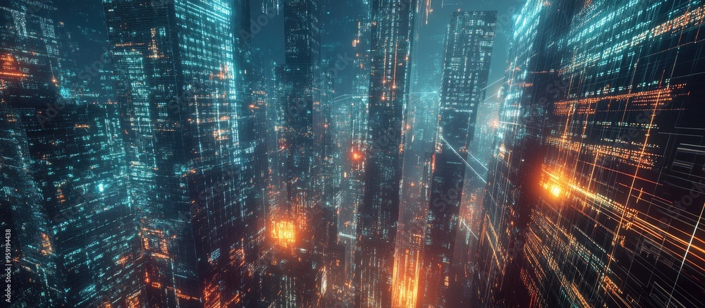 Poster holographic data visualization over an urban skyline featuring skyscrapers in a multi exposure setup