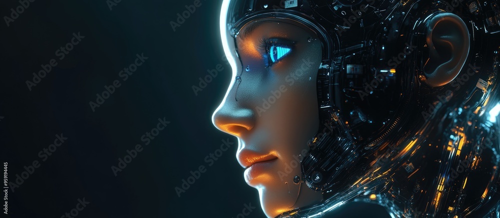 Aufkleber cyborg human head showcasing artificial intelligence and adaptive learning in a 3d rendering