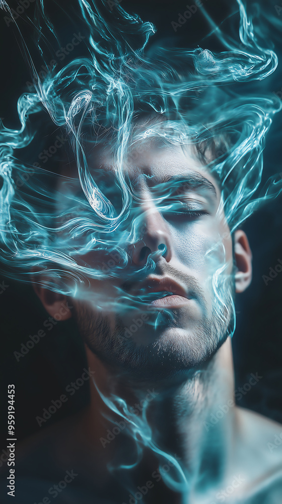 Poster surreal portrait of a man with dissolving smoke flowing around his face glowing blue light creating 