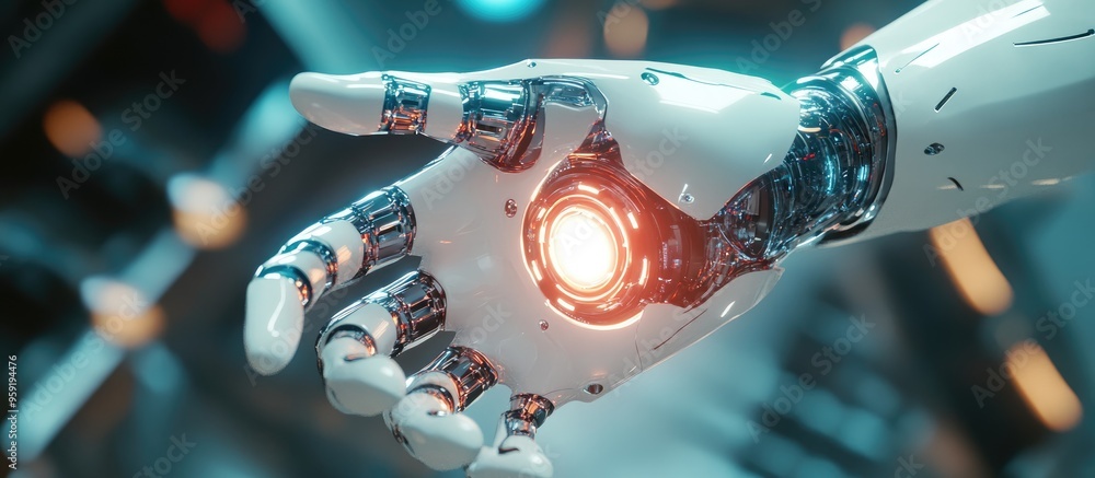 Poster android hand forming a circular gesture robotic technology representation 3d visualization