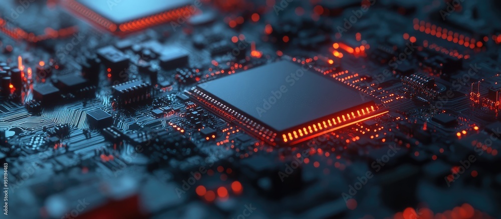 Poster close up view of a microprocessor showcasing intricate details and technology design