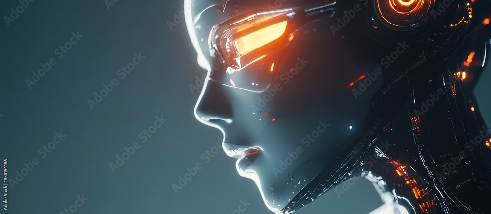 Poster bionic robot examining and assessing humanoid cyborg featuring advanced ai 3d illustration showcasin