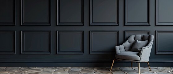 Modern Grey Armchair with Gold Legs Against a Dark Panelled Wall