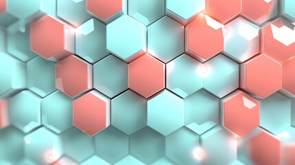 Naklejka premium Abstract tech background with luxurious digital wallpaper in coral and aqua glowing hexagons.