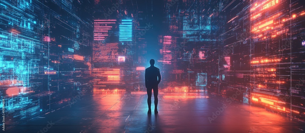 Aufkleber man interacts with ai technology through a command prompt showcasing a futuristic transformation dri