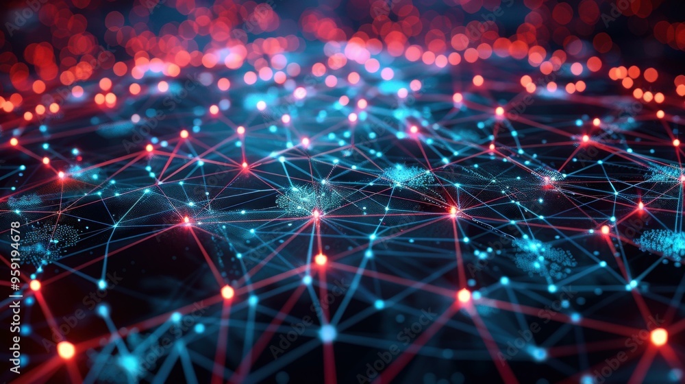 Poster abstract network connection - red and blue lines