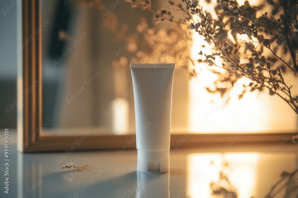 Aufkleber a tube of cream is elegantly reflected in a mirror, with gentle lighting enhancing the serene atmosp