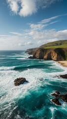a stunning aerial view of a coastal cliffside with turquoise waves crashing against the rocks below.