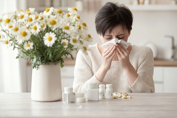 Woman experiencing flu or allergy symptoms, sitting at a table with tissues and various medicines, surrounded by daisies.

