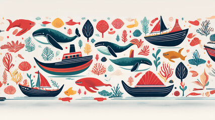 A whimsical pattern featuring fish, ships, coral,  seaweed, bouts, and whales on a white background. 