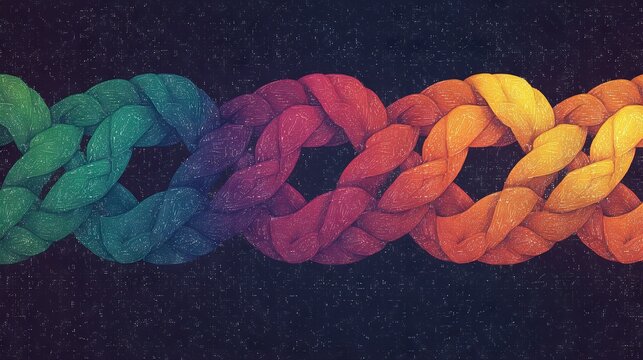   Multicolored braids on a black background allow for text to be placed below the row in space