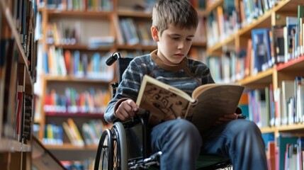 Obraz premium boy in a wheelchair studying in a library