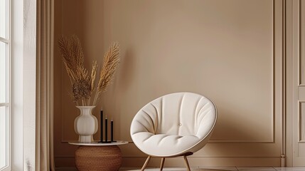 Modern White Armchair with Dried Flowers and a Brown Table