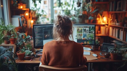 Cozy workspace with plants and warm light in a home office during the evening, featuring a focused individual at two monitors