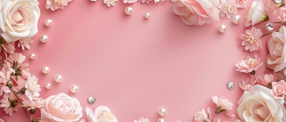 Pastel pink and white roses and pearls on a light pink background