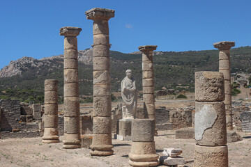 View of the ancient Roman ruins of Baelo Claudia by Emperor Claudius in Bolonia, Spain on the coast...