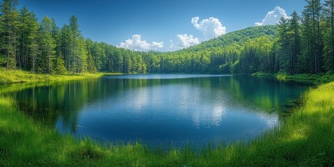 Obraz premium Serene Forest Lake with Blue Sky and Clouds Reflecting in the Water