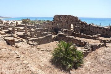 View of the ancient Roman ruins of Baelo Claudia by Emperor Claudius in Bolonia, Spain on the coast...