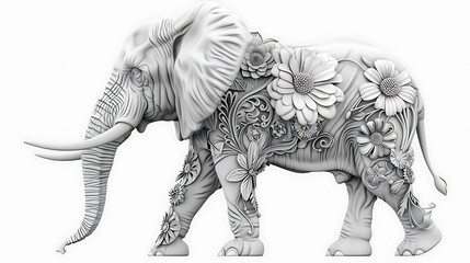 Fototapeta premium Stylized elephant with floral details, line illustration isolated on solid white background. 32k, full ultra HD, high resolution