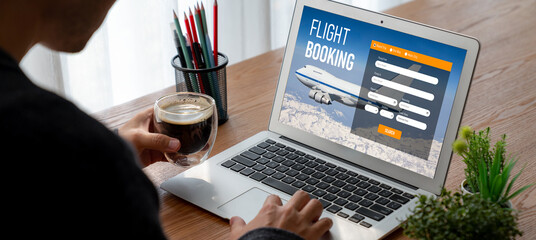 Online flight booking website provide modish reservation system . Travel technology concept .