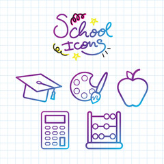 Colorful five school icons set on grid paper Vector