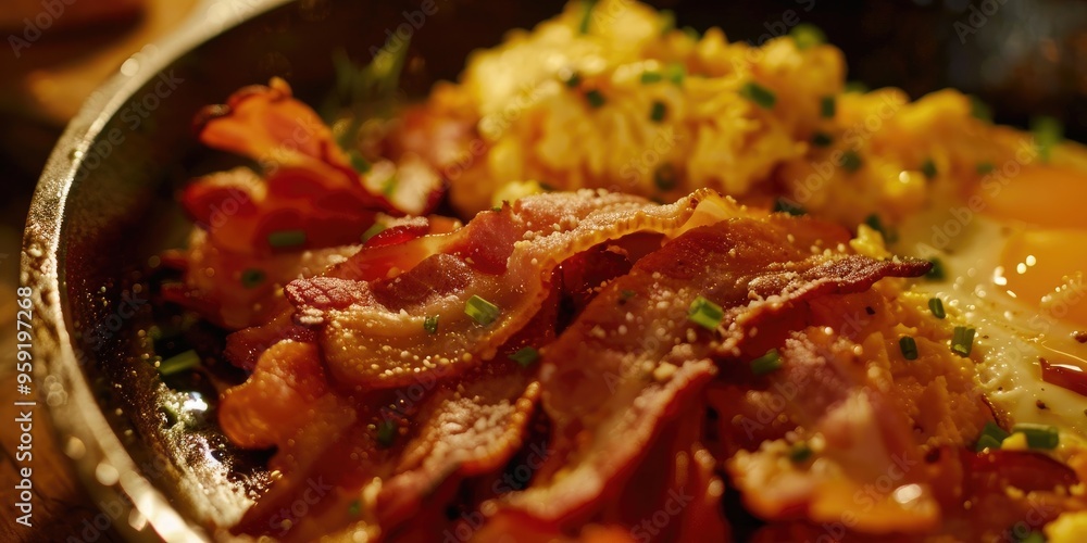 Poster close up of delicious crispy bacon slices and scrambled eggs with a shallow depth of field