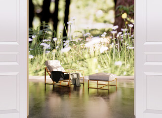 Large luxury modern bright interiors room mockup illustration 3D rendering image