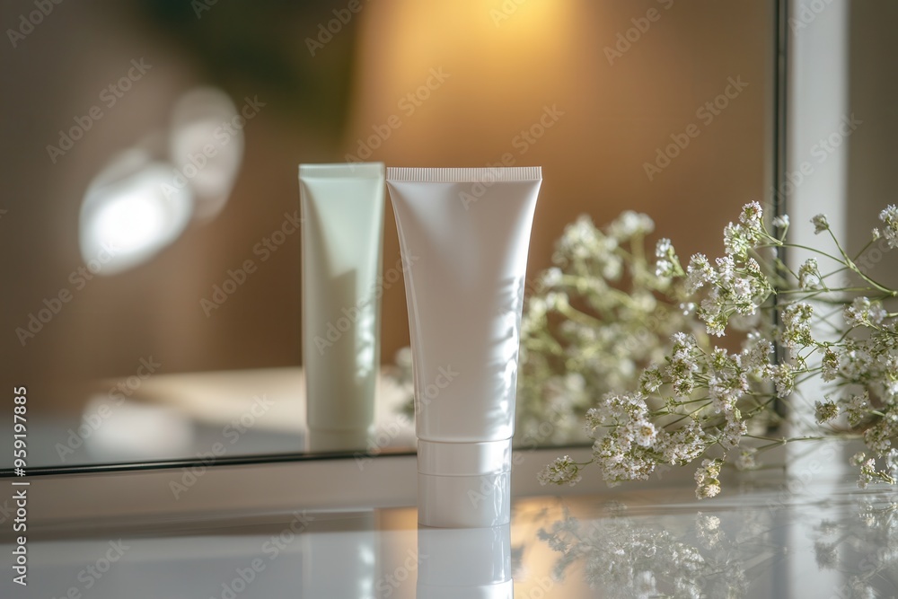 Poster a tube of cream stands on a vanity, its reflection visible in the mirror, with soft light highlighti