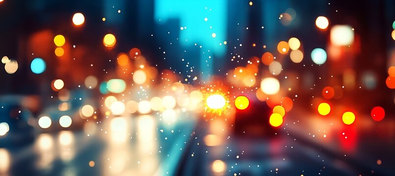 A vibrant, urban street scene with bright lights and a clear space for text